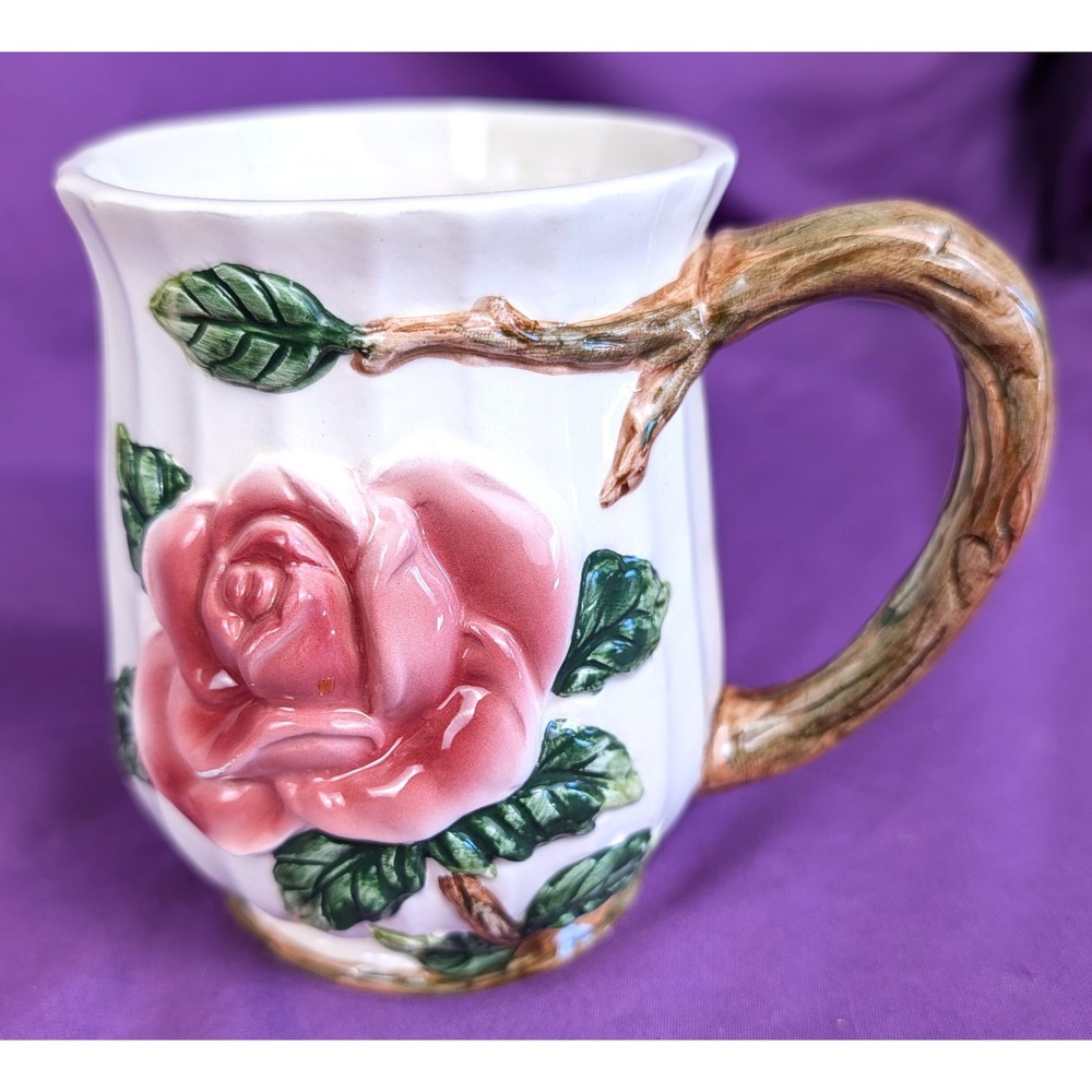 Coffee Mug 3D Embossed Pink Hand Painted Rose Leaf & Stem Glossy Ribbed Y2K 1995